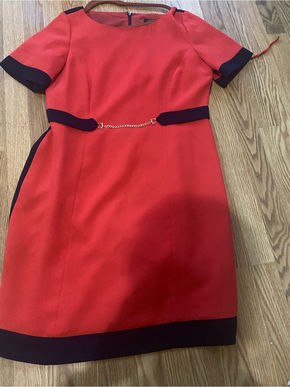 Tahari Red Asymmetrical Dress with Black Trim